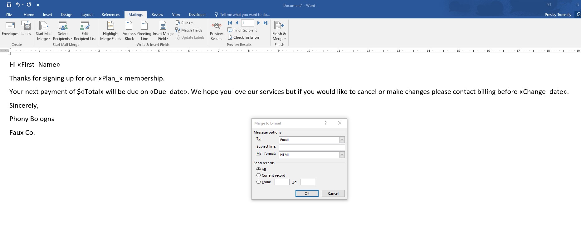 how to email merge from word